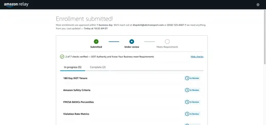 Application status screen listing each named check